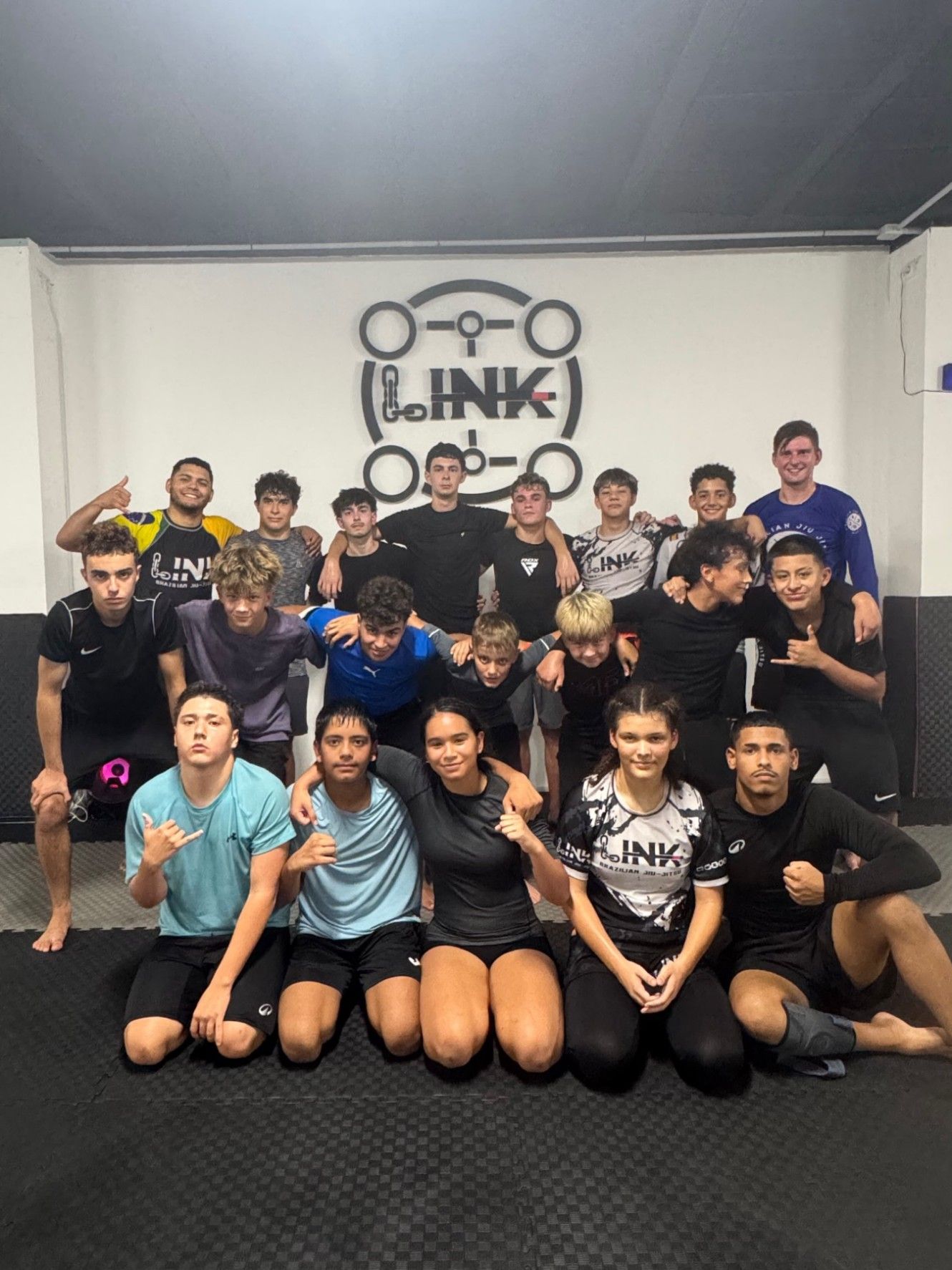 Grupo de Grappling sin kimono, con rashguards de LINK, bajo el logo de la academia